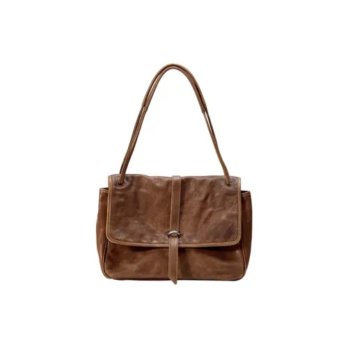 Qiuzhen Water Dyed Vegetable Tanned Cow Leather Shoulder Bag Large Size Women's Elephant Gray/caramel Color