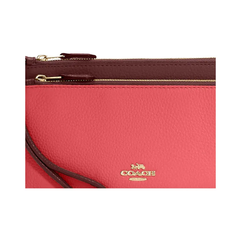 COACH Double Zip Wallet Refined Pebble Leather Card Holder Wallet Small Size Women's Watermelon Red Wine Red-3
