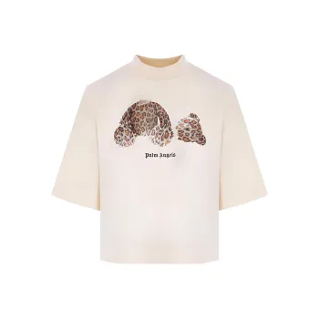 PALM ANGELS Women'ss Leopard Bear Cropped T Shirt Off White/Brown