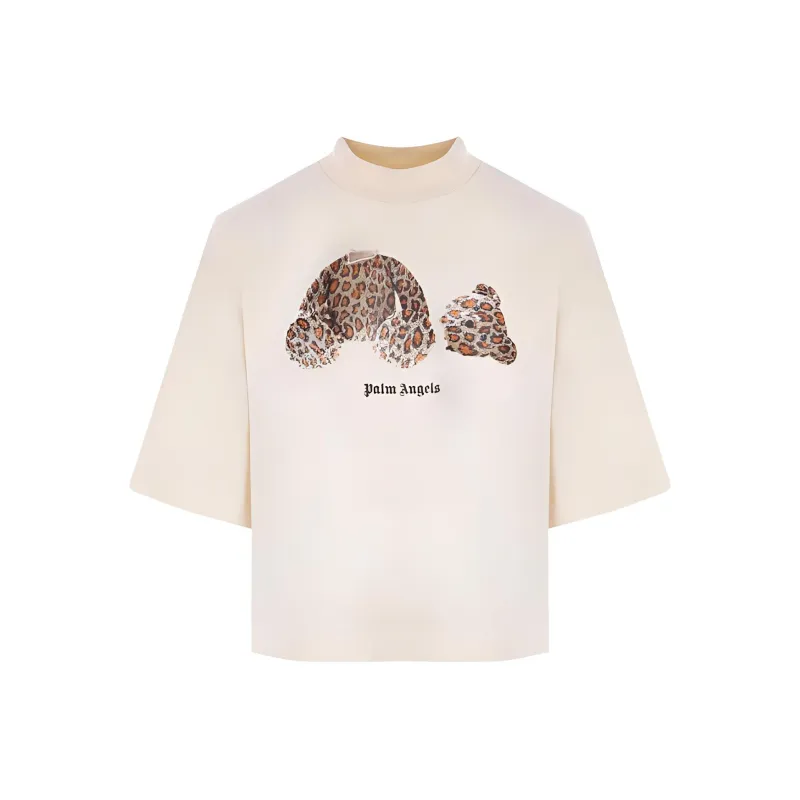 PALM ANGELS Women'ss Leopard Bear Cropped T Shirt Off White/Brown-0