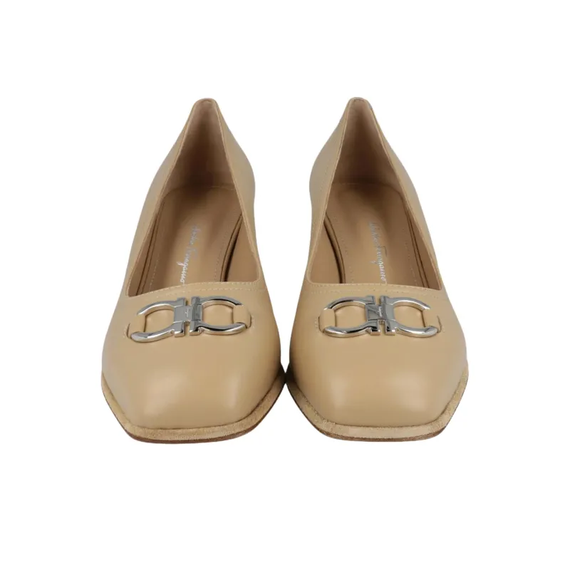 FERRAGAMO Comiso Chunky Heel High Heels 5.7cm Women's Beige-4