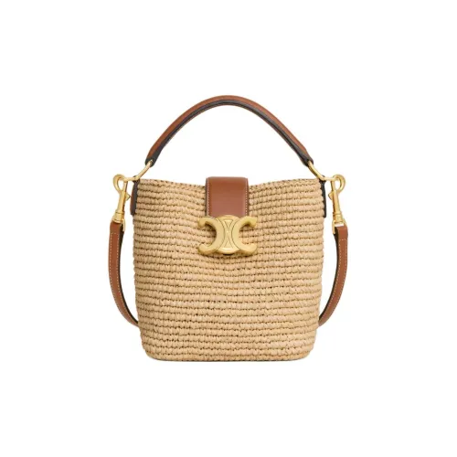 CELINE Plant Material With Cow Leather Trim Bucket Bag, Shoulder Bag, Handbag Mini Women's Natural & Tan