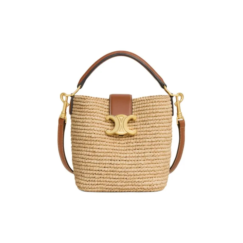 CELINE Plant Material With Cow Leather Trim Bucket Bag, Shoulder Bag, Handbag Mini Women's Natural & Tan-0