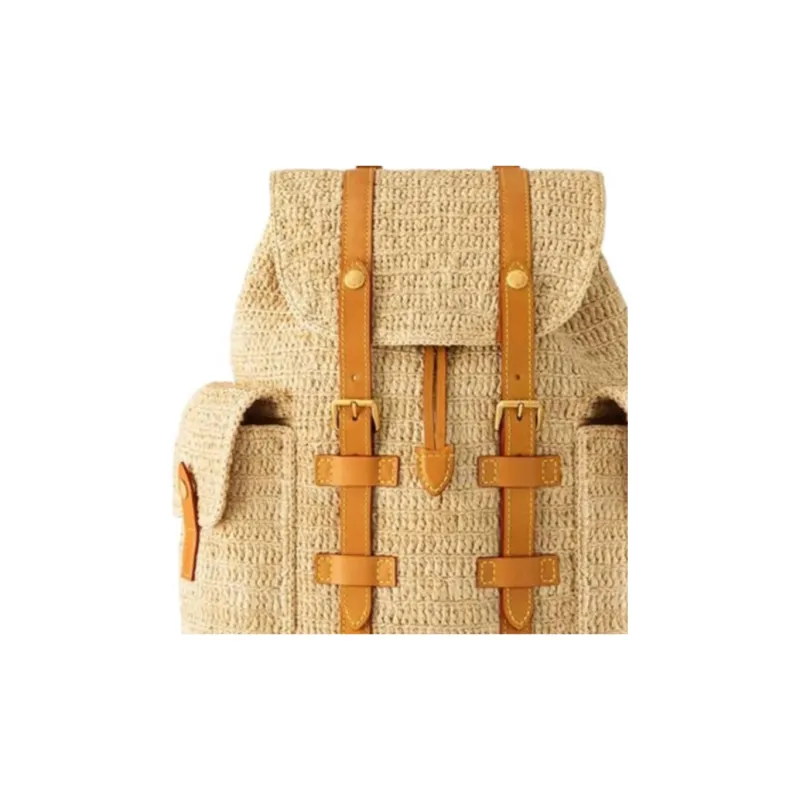LOUIS VUITTON CHRISTOPHER Raffia Backpack Trumpets Men's Beige & Brown-4