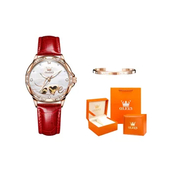 OLEVS Mechanical Movement Leather Strap Watch Women's Watch Mother of Pearl Color Watch Dial