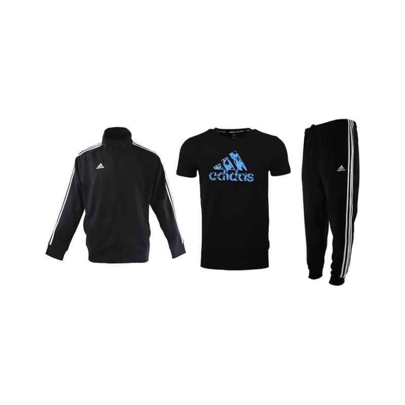 Adidas Casual Sportswear Men Set Black With White Stripes Coat+Black Blue Logo T Shirt+Black Pants-0