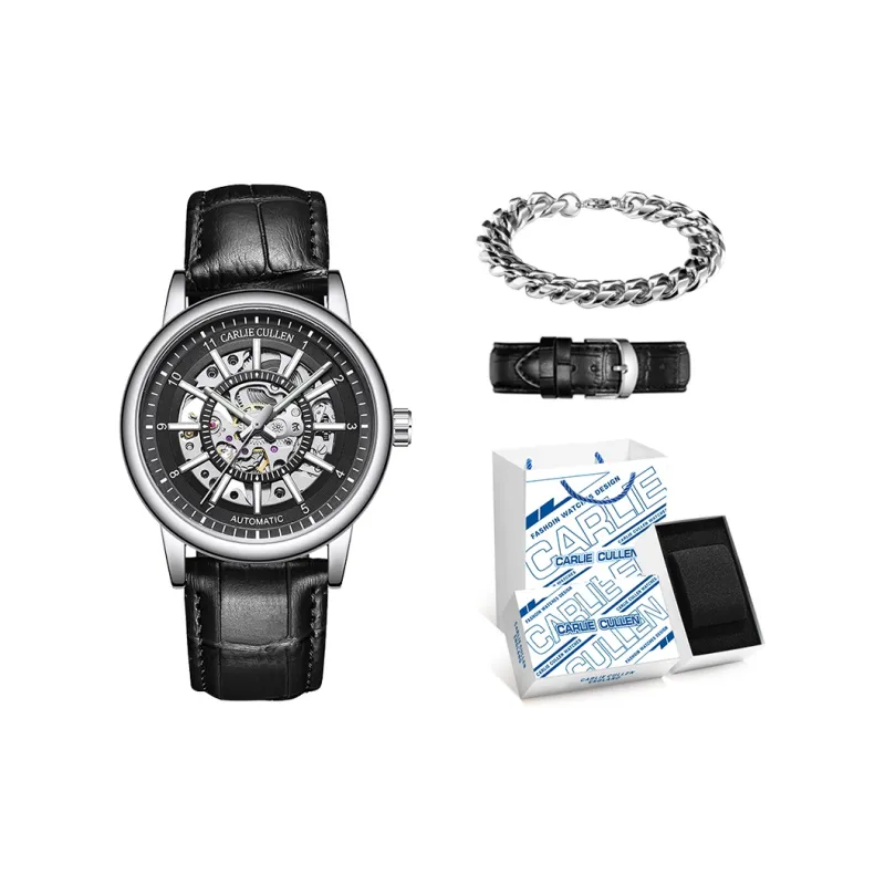 CARLIECULLEN Black Knight Series Automatic Mechanical Movement Genuine Leather Strap Watch Men's Watches Black Dial-28