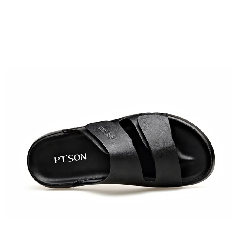 PT'SON Rubber Sole Cut Out Slip Resistant Abrasion Resistant Slide Slippers Men's Black-2
