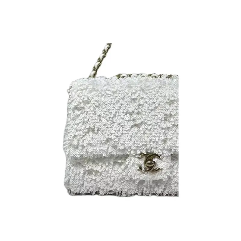 CHANEL Fringe Sequins Shoulder Bag Regular Women's White-2