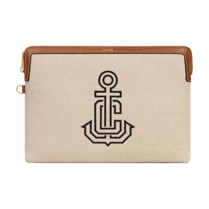CELINE Fabric With Cow Leather Clutch Small Size Women's Natural & Tan-1