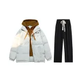 23888 Ecru (Coffee Color Hat) Thickened Puffer Jacket+Black Fleece-Lined Casual Pants
