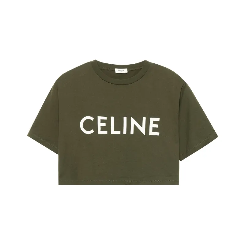 CELINE SS22 Women's Logo Jersey Cropped Crewneck T-Shirt 'Deep Khaki'-0