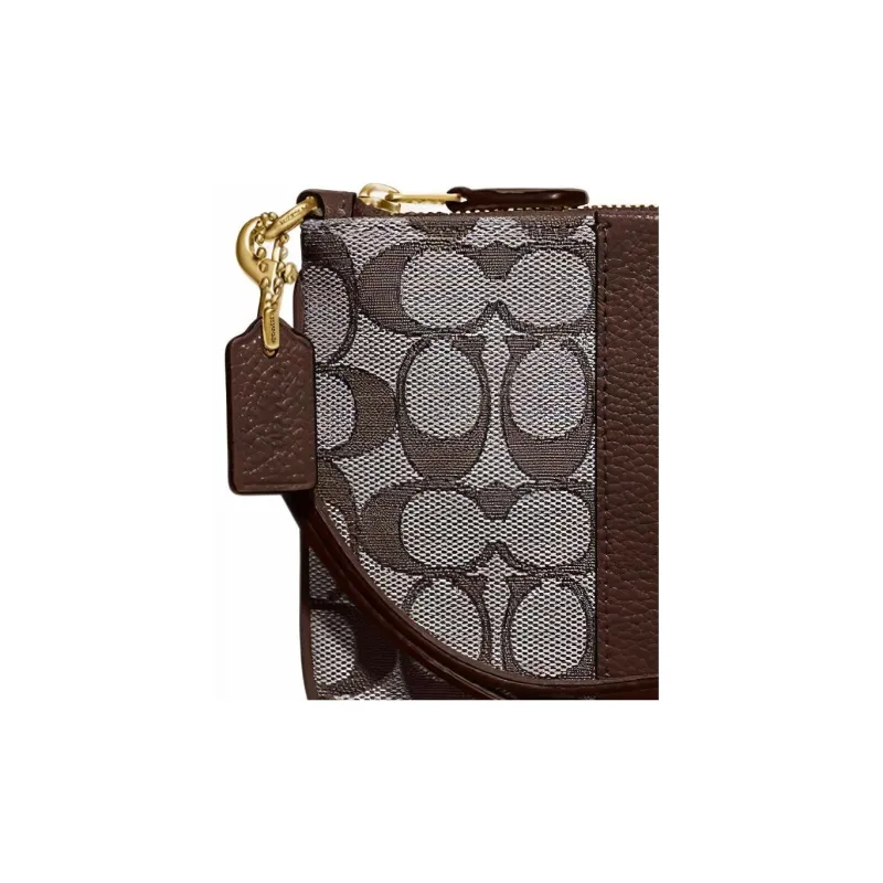 COACH Jacquard Combo Polished Pebbled Leather Mahjong Bag Clutch Coin Purse Small Size Women's Dark Gray & Brown-3