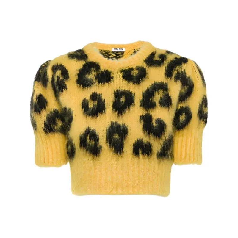 MIU MIU Women's Leopard Knit Cropped Wool Sweater Yellow-0