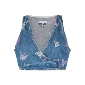 GANNI Embroidery Denim Crop Vest 'Denim'