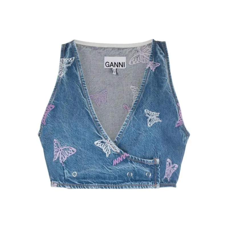 GANNI Embroidery Denim Crop Vest 'Denim'-0