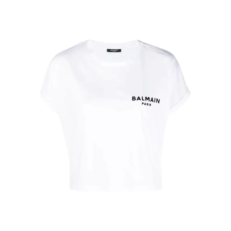 BALMAIN Flocked logo Cropped T shirt-0