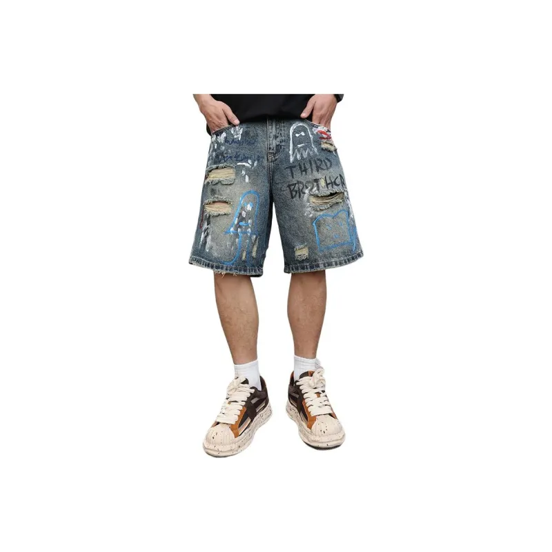 SONGS ALONG Denim Shorts Unisex Blue Graffiti-0