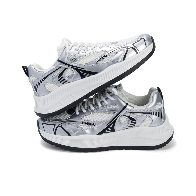 HUANQIU Breathable Coverage Height Increase Low Top Chunky Sneakers Men's Beige Silver-2
