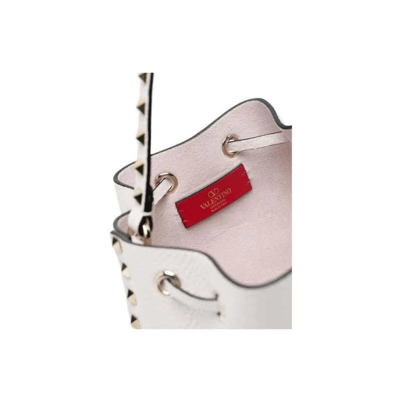 Valentino ROCKSTUD Leather Bucket Bag, One Shoulder Handbag Women's White-3