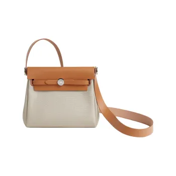 HERMES Herbag Zip Canvas With Hunter Cow Leather Shoulder Bag Women's Concrete Gray With Light Tea Brown