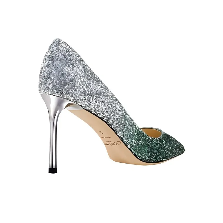 Jimmy Choo ROMY 85 Slim Heel High Heels Women's Silver Green-3