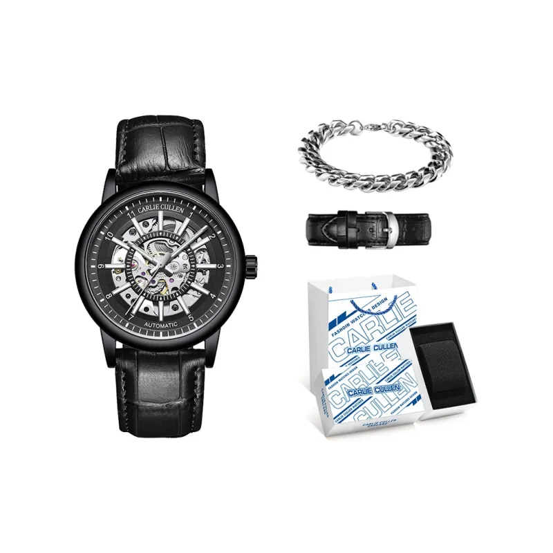 CARLIECULLEN Black Knight Series Automatic Mechanical Movement Genuine Leather Strap Watch Men's Watches Black Dial-35