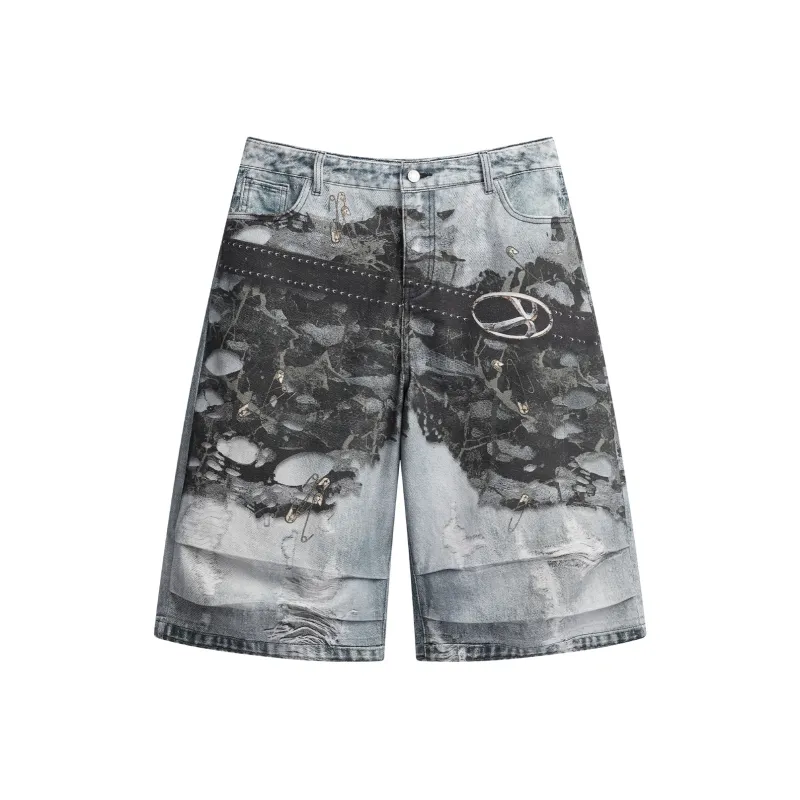 IMXS New Horse Run Collection Denim Shorts Unisex Gray Digital Print-0
