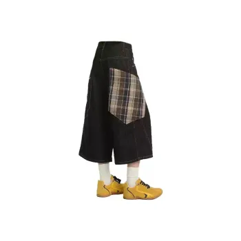 SOIE Denim Shorts Unisex Black Gray Coffee Plaid