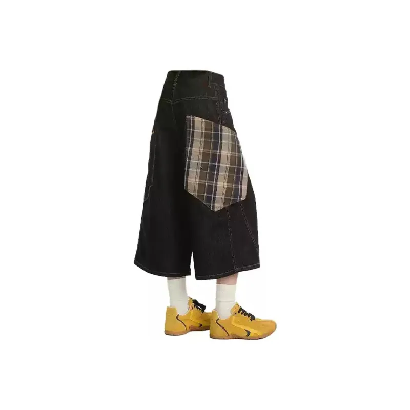 SOIE Denim Shorts Unisex Black Gray Coffee Plaid-0