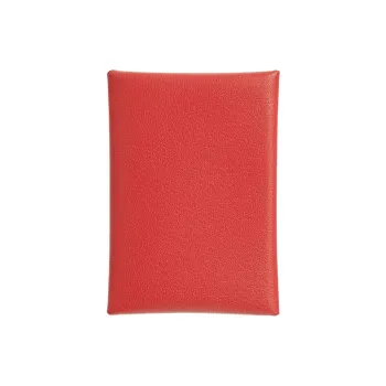 HERMES Calvi Duo Chamkila Goatskin Card Holder Women's 9T Capucine Orange Red