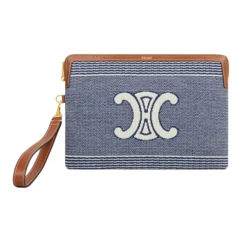 CELINE Triomphe Fabric Clutch Small Size Women's Blue & Beige