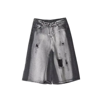 T IRA Denim Shorts Unisex Distressed White Black