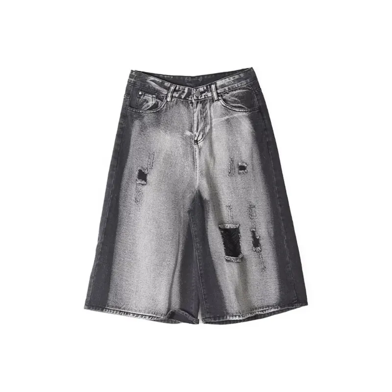 T IRA Denim Shorts Unisex Distressed White Black-0