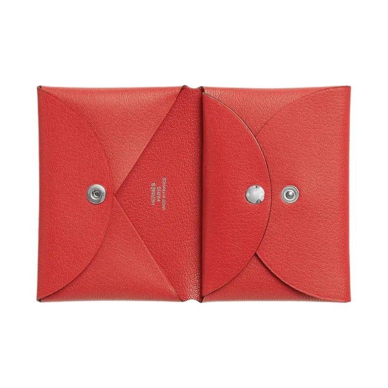 HERMES Calvi Duo Chamkila Goatskin Card Holder Women's 9T Capucine Orange Red-1