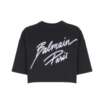 BALMAIN Logo flocked Cropped T shirt