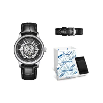 CARLIECULLEN Black Knight Series Automatic Mechanical Movement Genuine Leather Strap Watch Men's Watches Black Dial