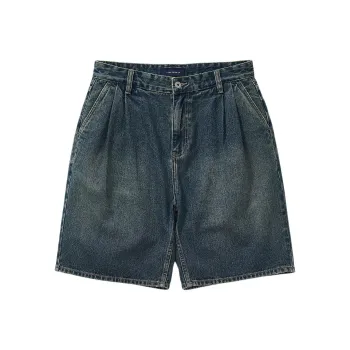714STREET Textured Bamboo Denim Pleated Shorts Men's Denim Blue