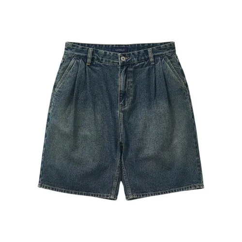 714STREET Textured Bamboo Denim Pleated Shorts Men's Denim Blue
