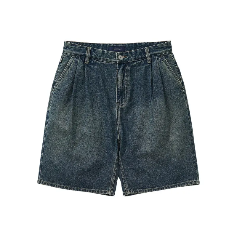 714STREET Textured Bamboo Denim Pleated Shorts Men's Denim Blue-0