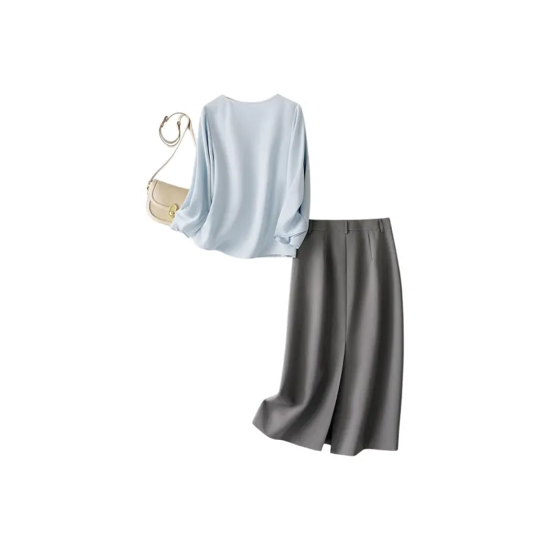 IHIMI Two Piece Skirt Sets Women's Light Blue+Dark Gray-2