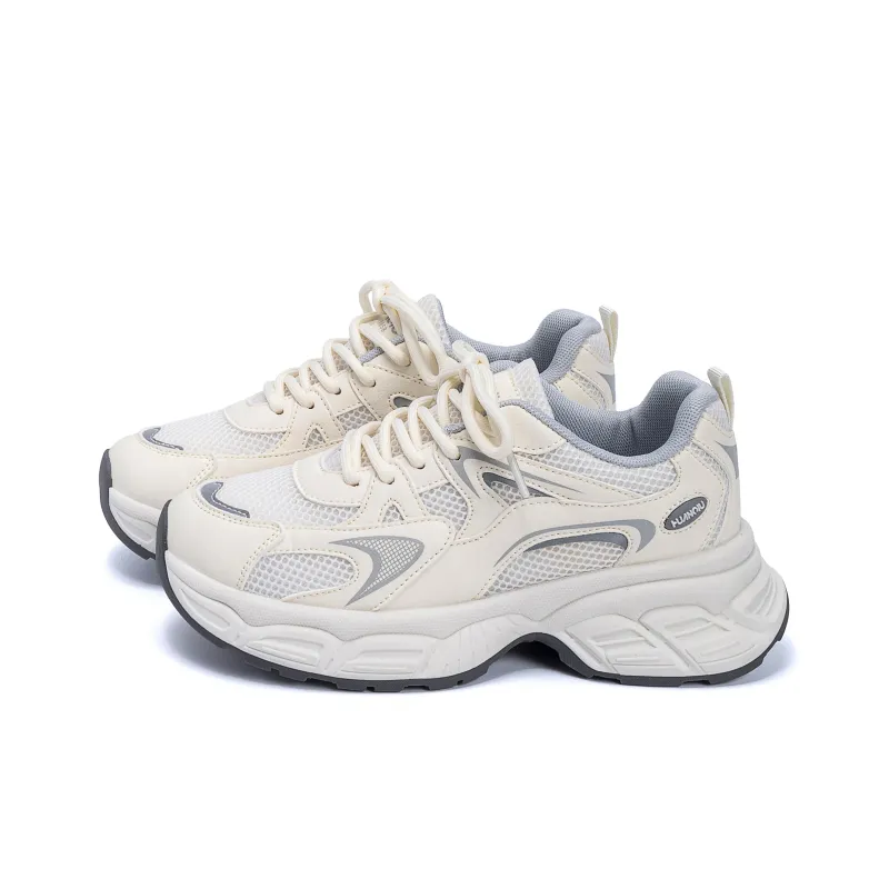 HUANQIU Breathable Coverage Height Increase Low Top Chunky Sneakers Women's Beige Gray-1