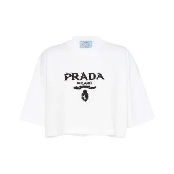 PRADA Embroidered Interlock Crop T shirt White