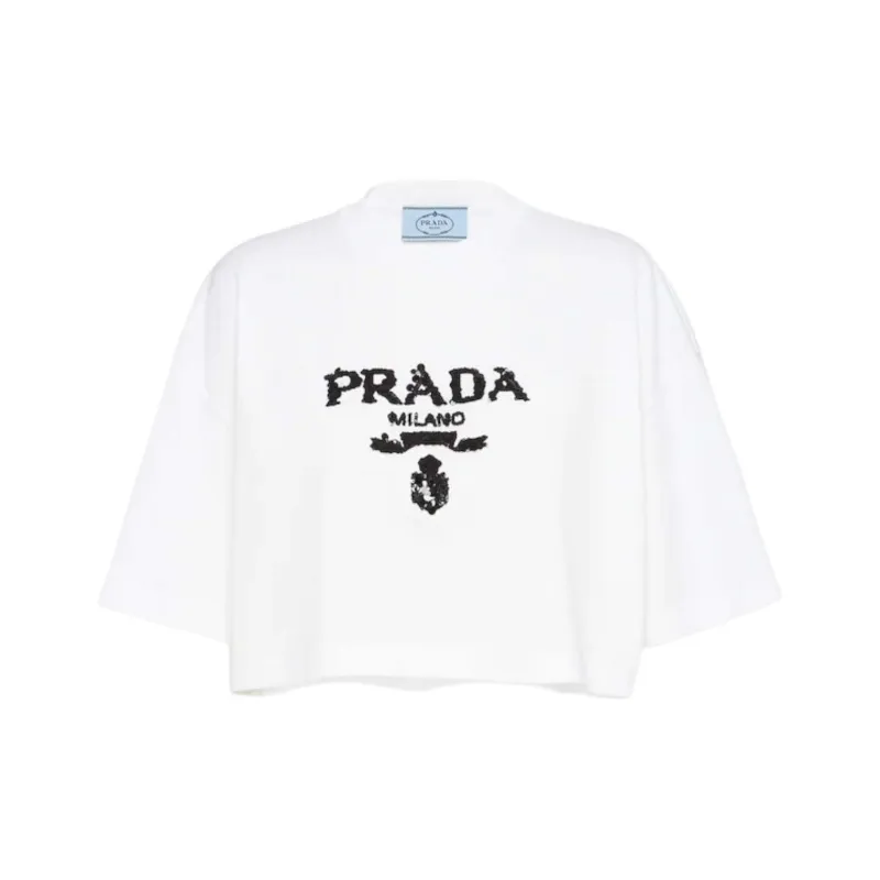PRADA Embroidered Interlock Crop T shirt White-0