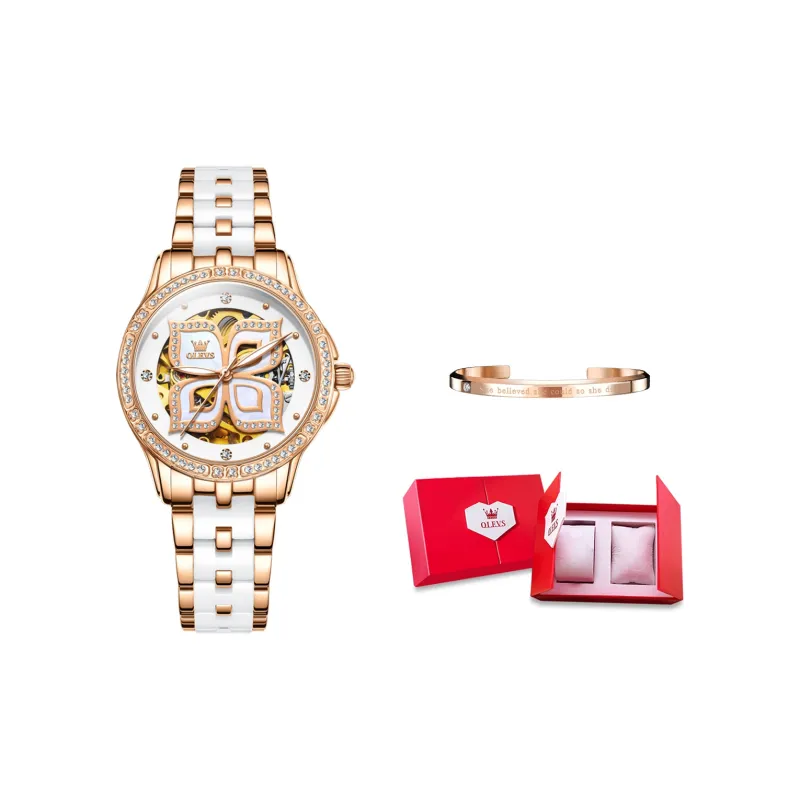 OLEVS Minimalist Series Mechanical Movement Ceramic Strap Watch Women's Watch White Dial-1