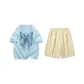 Set (Misty Blue Short-Sleeved Shirt+Light Khaki Shorts)