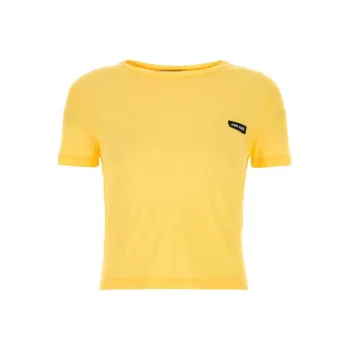 MIU MIU Solid Logo Sticker Crew Neck Short Sleeved T Shirt T Shirt Women's Yellow