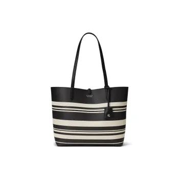 Ralph Lauren Synthetic Leather Tote Bag, Shopping Bag, Shoulder Bag Large Size Women's Black & Stripes