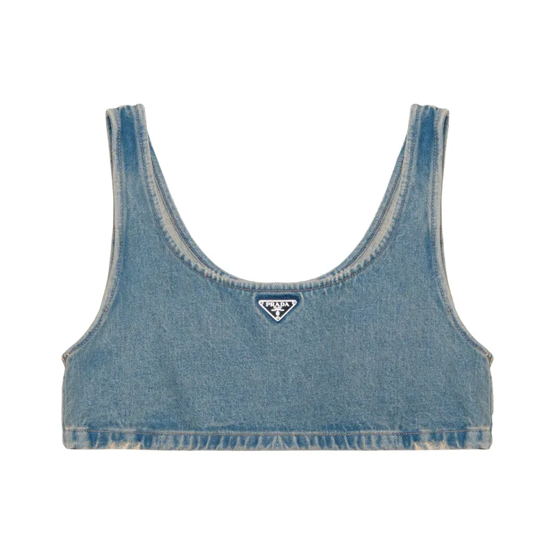 PRADA Triangle logo Denim Crop Top-0