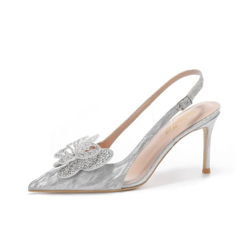 HKCP Slim Heel High Heels 8cm Women's Silver-0